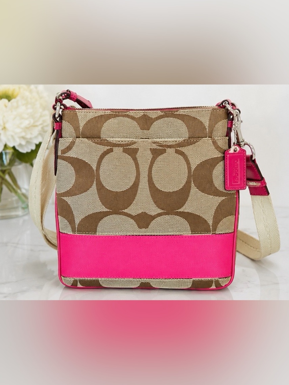 Coach Signature Swingpack Crossbody Bag – Khaki/Brown & Bright Pink Trim